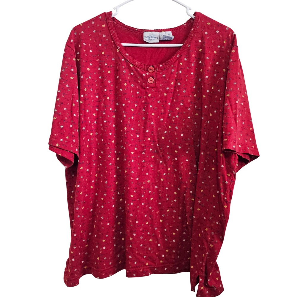 Bobbie Brooks Woman Red Ditsy Floral Henley Top Short Sleeve Plus Size 22 24